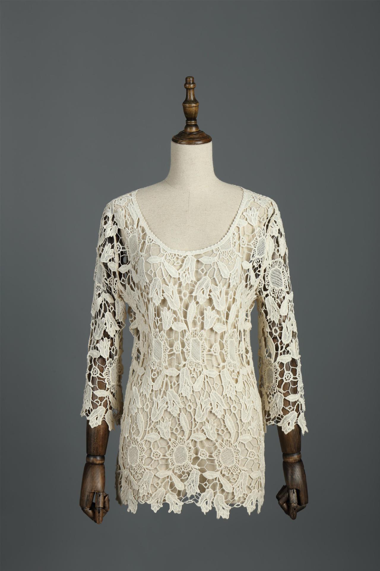 F4638 loose blouses Tuni Boho white 2017 Summer Lace Frint Top for Women